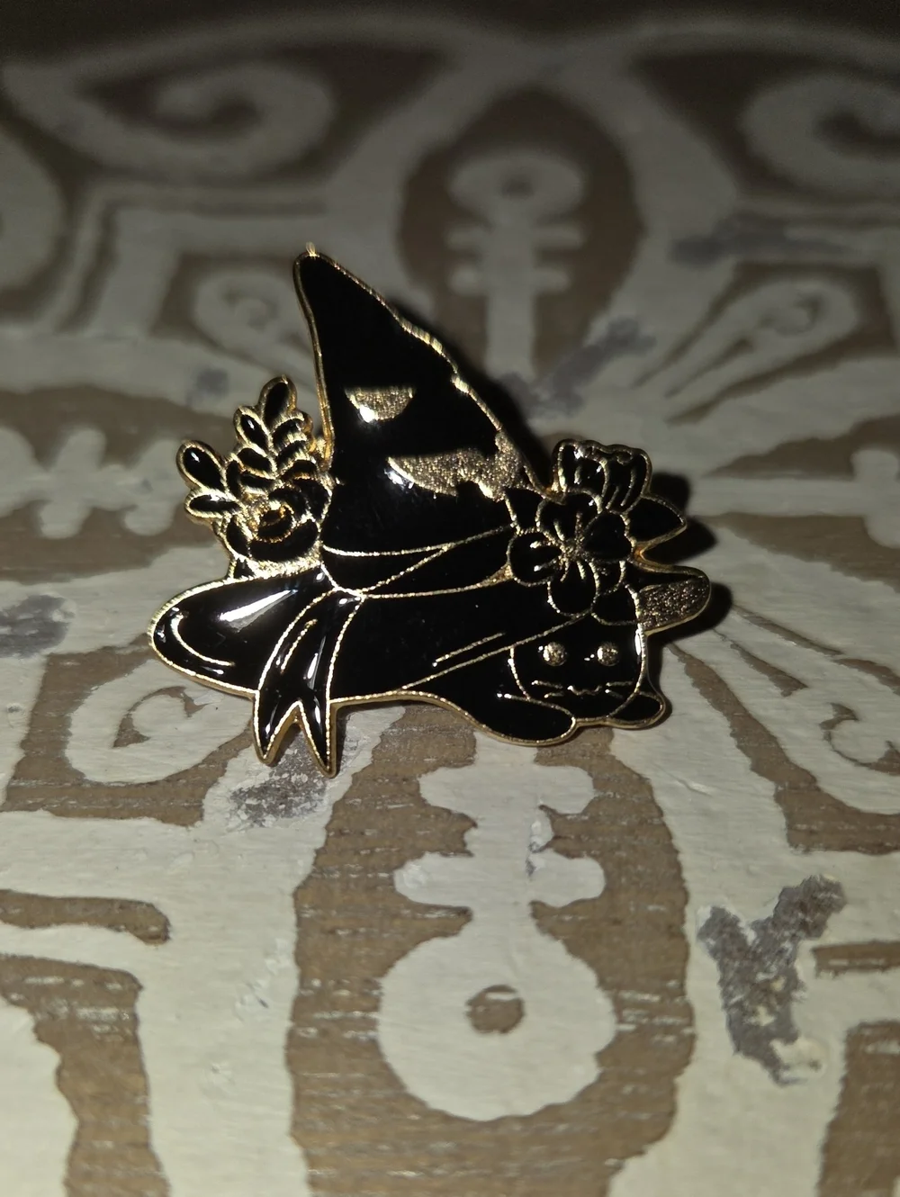 Black Enamel Witch Hat Pin with Floral Accents And Cat